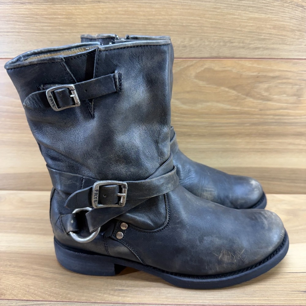 Frye Veronica Crisscross Strap Harness Moto Boot Womens 7 Distressed Black Gray